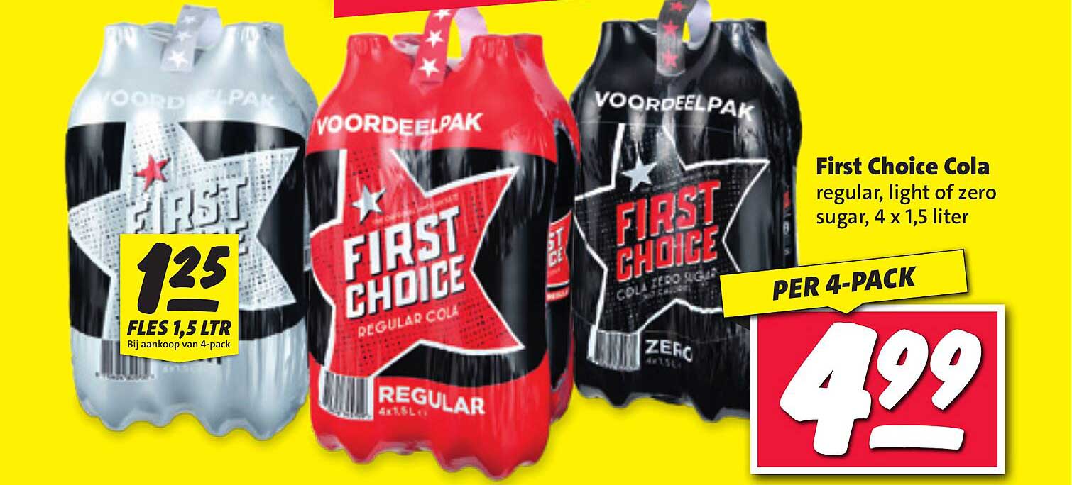 First Choice Cola regular, light of zero sugar, 4 x 1,5 liter