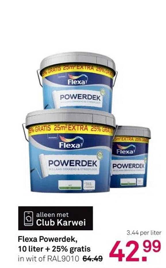 Flexa Powerdek, 10 liter + 25% gratis in wit of RAL9010