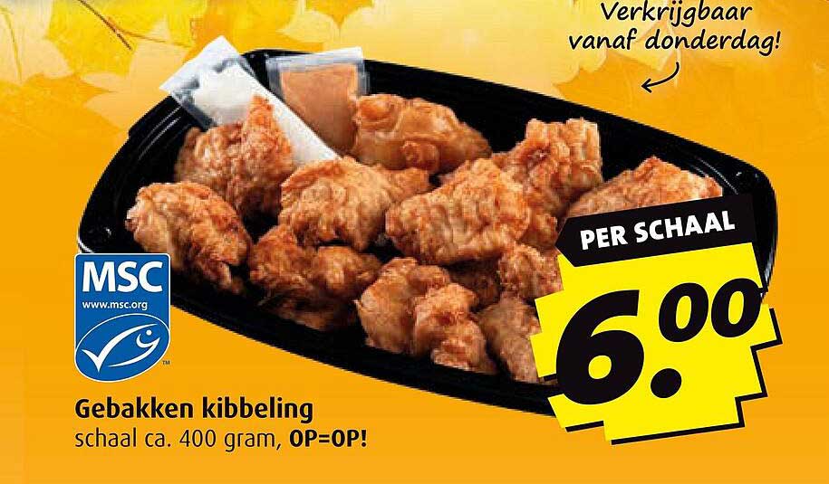 Gebakken kibbeling schaal ca. 400 gram, OP=OP!