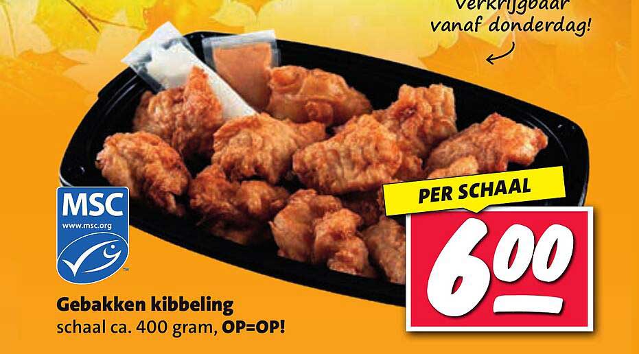 Gebakken kibbeling schaal ca. 400 gram, OP=OP!