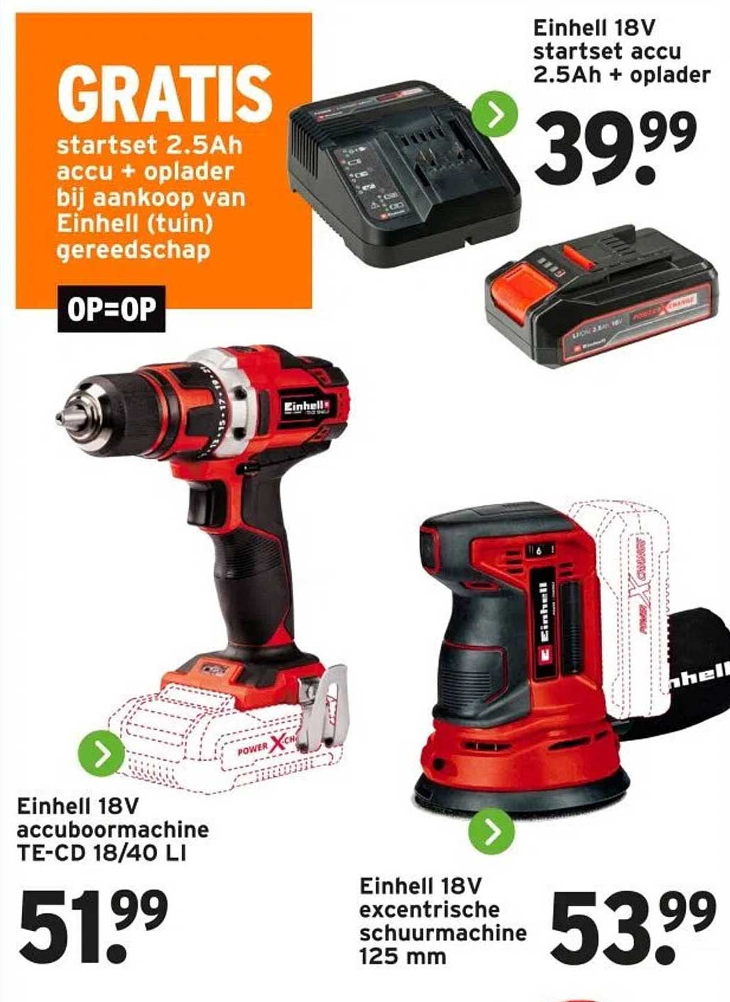 Gratis startset 2.5Ah accu + lader bij aankoop van Einhell (tuin) gereedschap