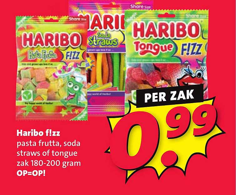 Haribo f!zz pasta frutta, soda straws of tongue zak 180-200 gram