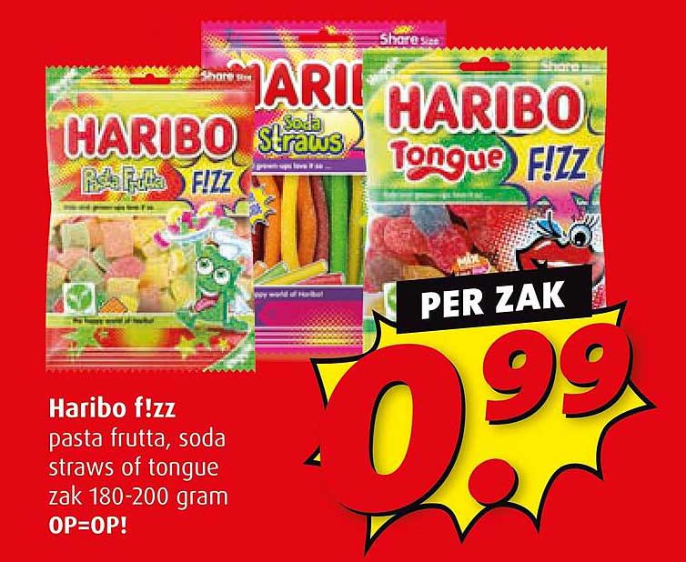 Haribo f!zz pasta frutta, soda straws of tongue zak 180-200 gram OP=OP!