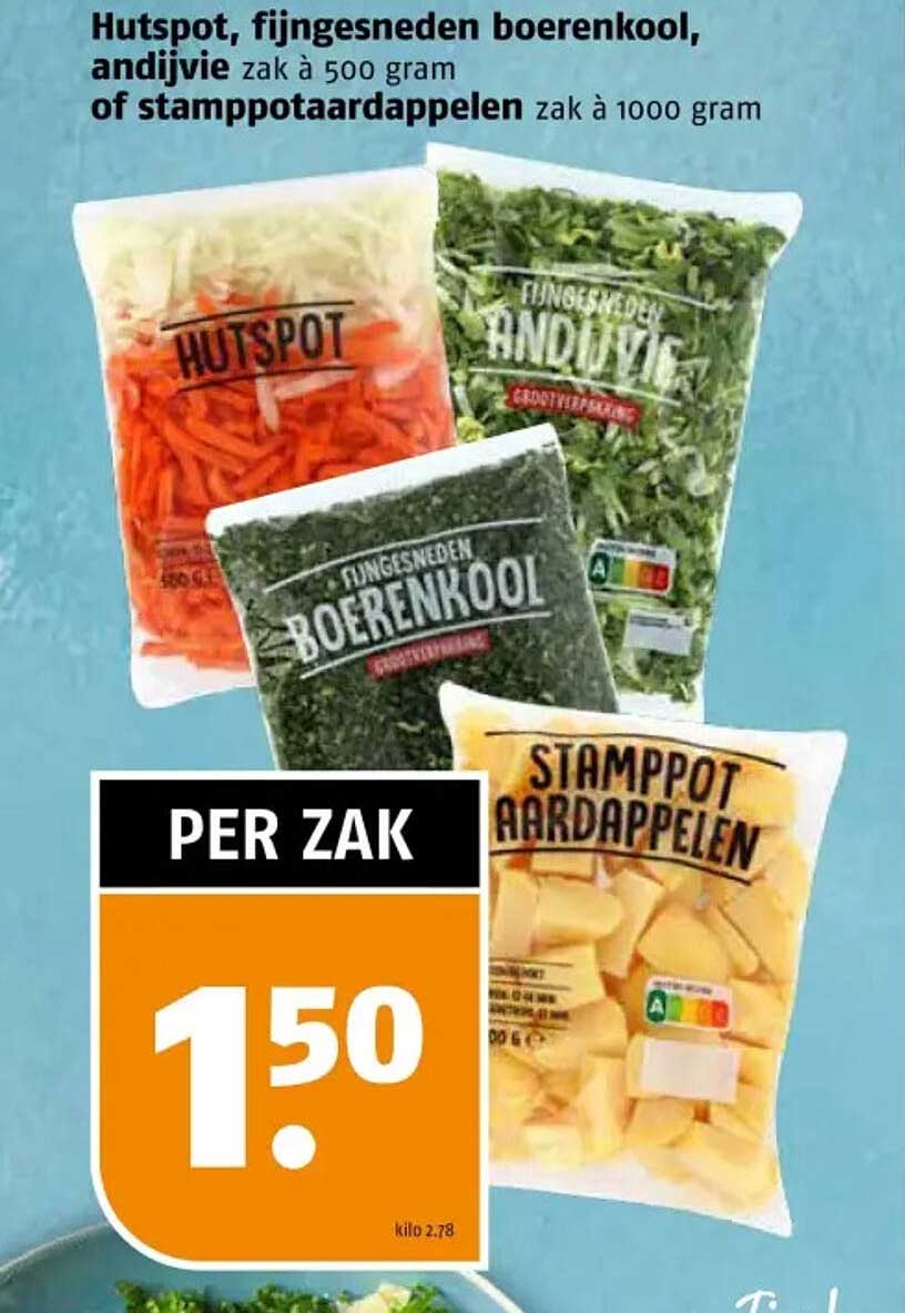 Hutspot, fijngesneden boerenkool, andijvie zak à 500 gram of stamppotaardappelen zak à 1000 gram