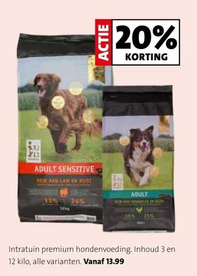 Intratuin premium hondenvoeding. Inhoud 3 en 12 kilo, alle varianten. Vanaf 13.99