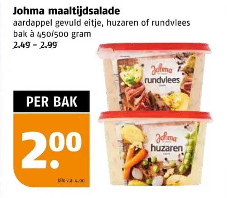 Johma maaltijdsalade aardappel gevuld eitje, huzaren of rundvlees bak à 450/500 gram