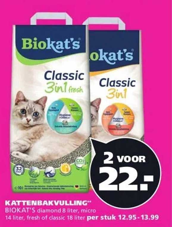 KATTENBAKVULLING** BIOKAT'S diamond 8 liter, micro 14 liter, fresh of classic 18 liter per stuk 12.95-13.99