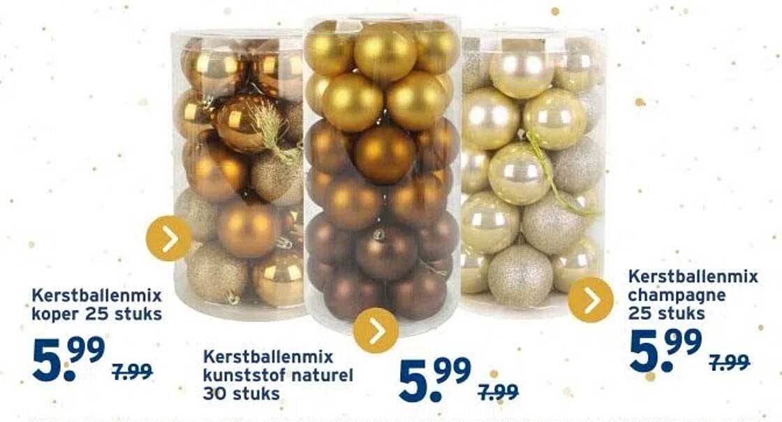 Kerstballenmix koper 25 stuks, Kerstballenmix kunststof naturel 30 stuks, Kerstballenmix champagne 25 stuks