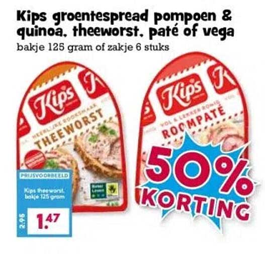 Kips groentespread pompoen & quinoa, theeworst, paté of vega
