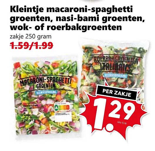Kleintje macaroni-spaghetti groenten, nasi-bami groenten, wok- of roerbakgroenten