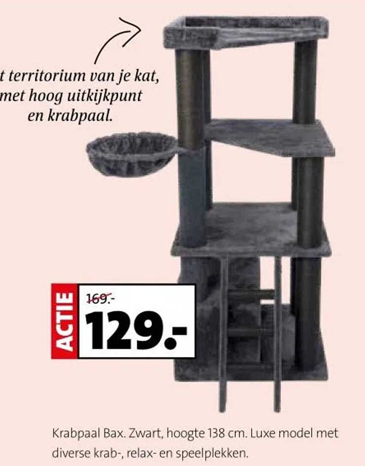 Krabpaal Bax. Zwart, hoogte 138 cm. Luxe model met diverse krab-, relax- en speelplekken.
