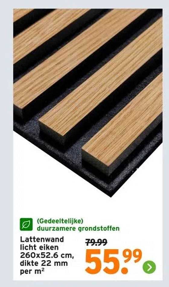 Lattenwand licht eiken 260x52.6 cm, dikte 22 mm per m²