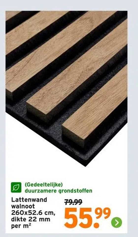 Lattenwand walnoot 260x52.6 cm, dikte 22 mm per m²