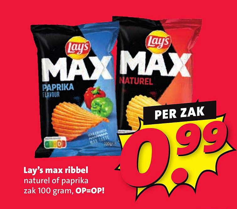 Lay's max ribbel naturel of paprika zak 100 gram, OP=OP!