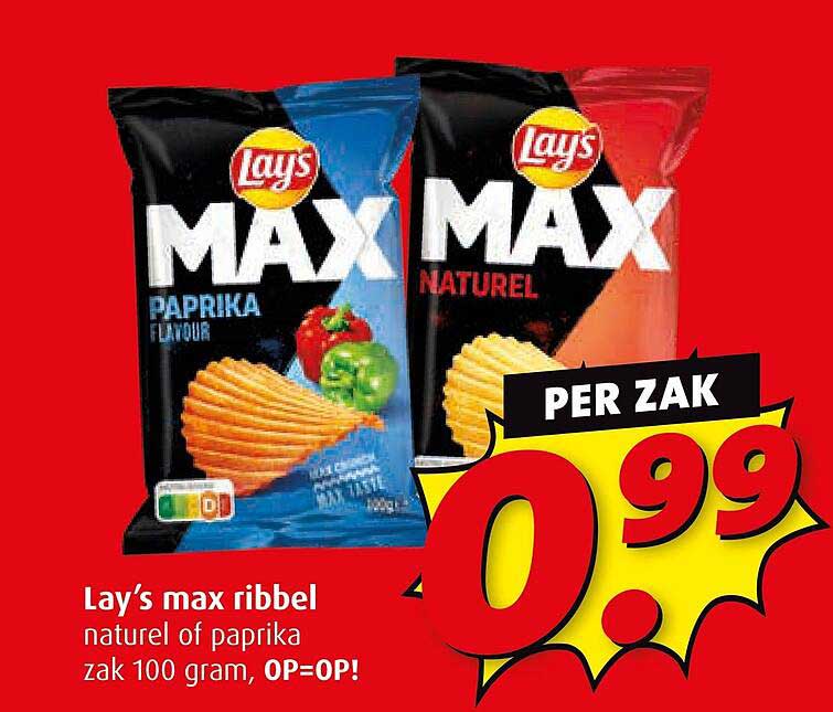 Lay’s max ribbel natuur of paprika zak 100 gram, 0P=OP!