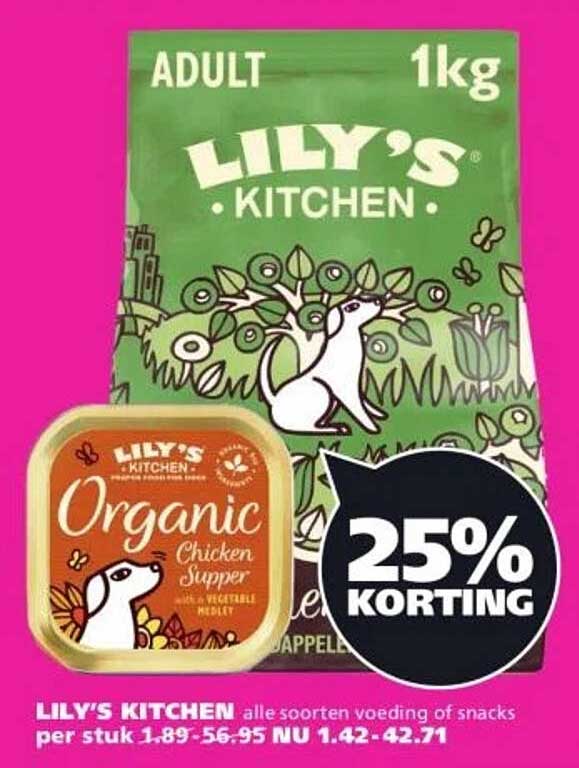 LILY'S KITCHEN alle soorten voeding of snacks per stuk 1.89-56.95 NU 1.42-42.71