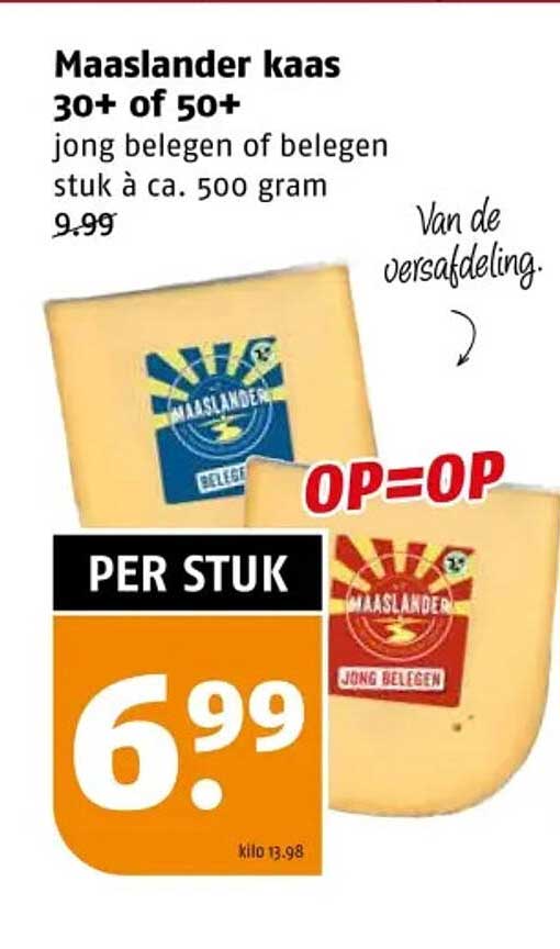 Maaslander kaas 30+ of 50+ jong belegen of belegen stuk à ca. 500 gram