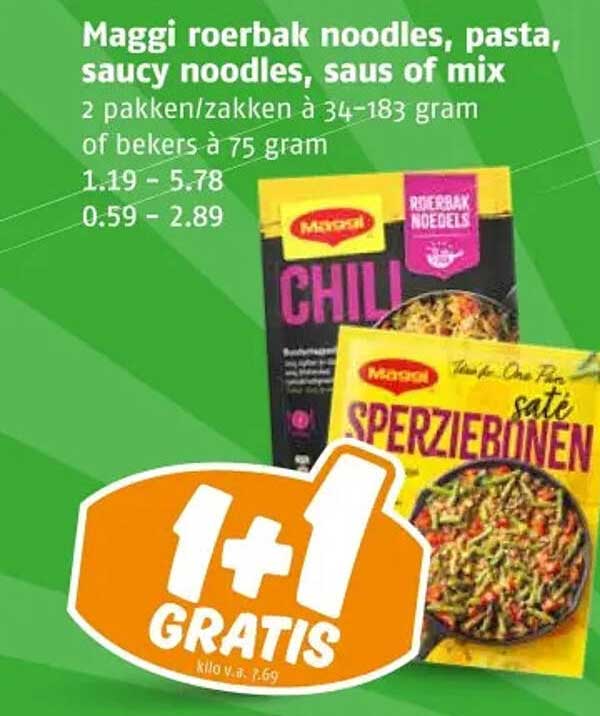 Maggi roerbak noodles, pasta, saucy noodles, saus of mix