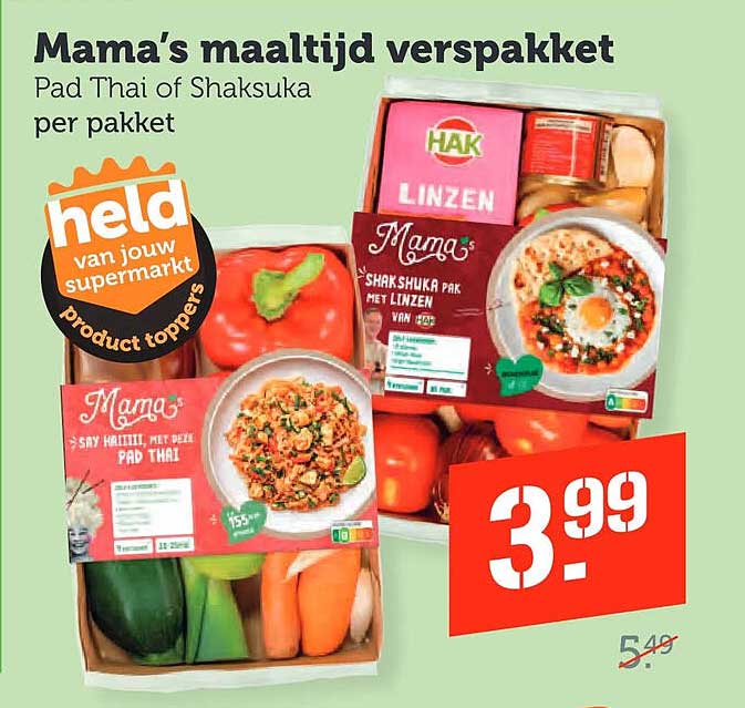 Mama’s maaltijd verspakket Pad Thai of Shaksuka per pakket
