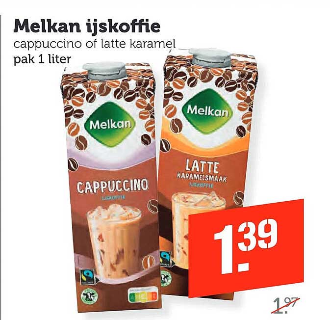 Melkan ijskoffie cappuccino of latte karamel pak 1 liter