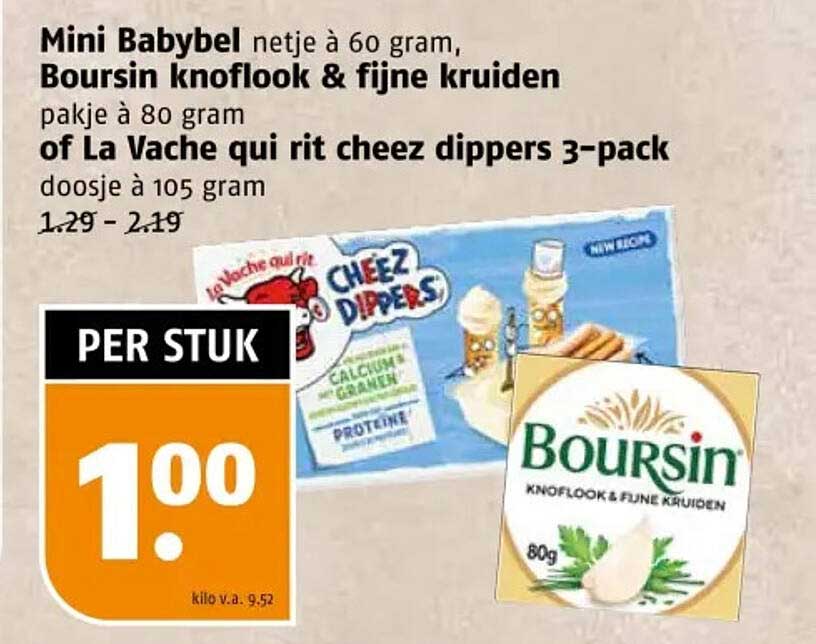 Mini Babybel netje à 60 gram, Boursin knoflook & fijne kruiden pakje à 80 gram of La Vache qui rit cheez dippers 3-pack doosje à 105 gram