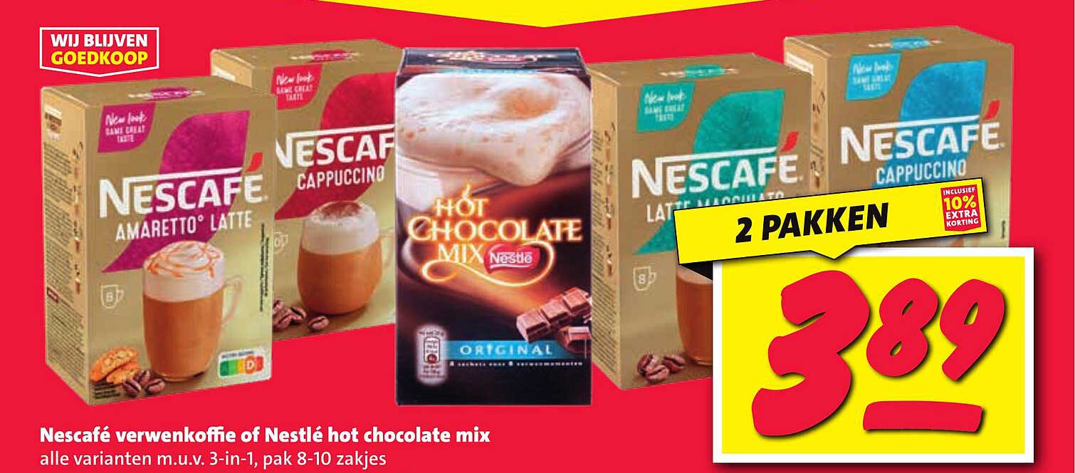 Nescafé verwenne koffie of Nestlé hot chocolate mix alle varianten m.u.v. 3-in-1, pak 8-10 zakjes
