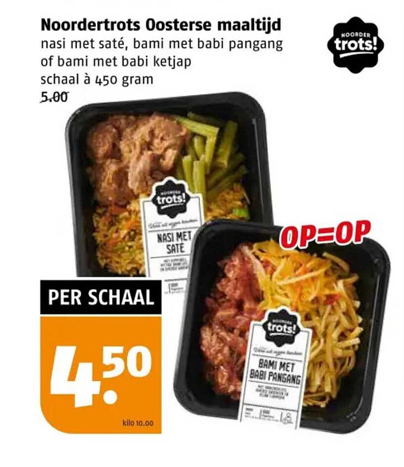 Noordertrots Oosterse maaltijd nasi met saté, bami met babi pangang of bami met babi ketjap schaal à 450 gram