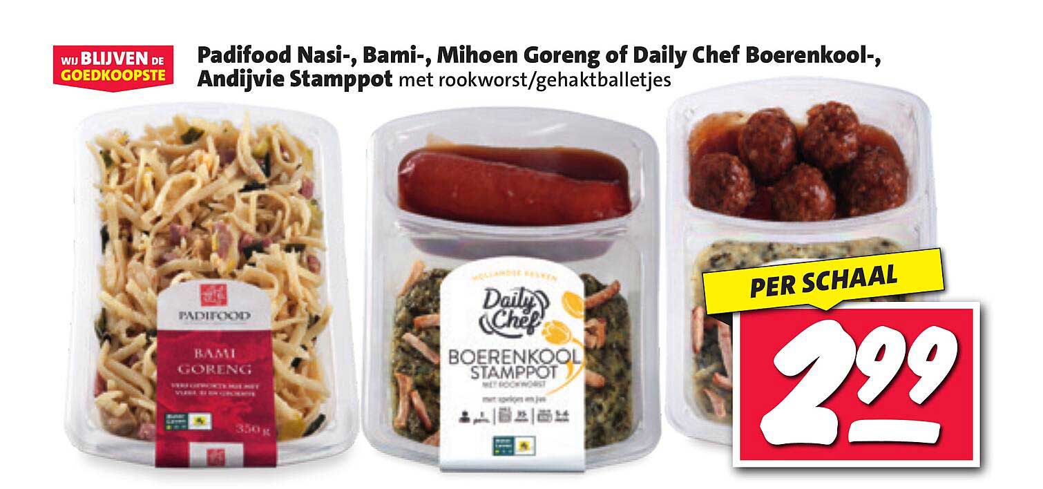 Padifood Nasi-, Bami-, Mihoen Goreng of Daily Chef Boerenkool-, Andijvie Stampot met rookworst/gehaaktballetjes