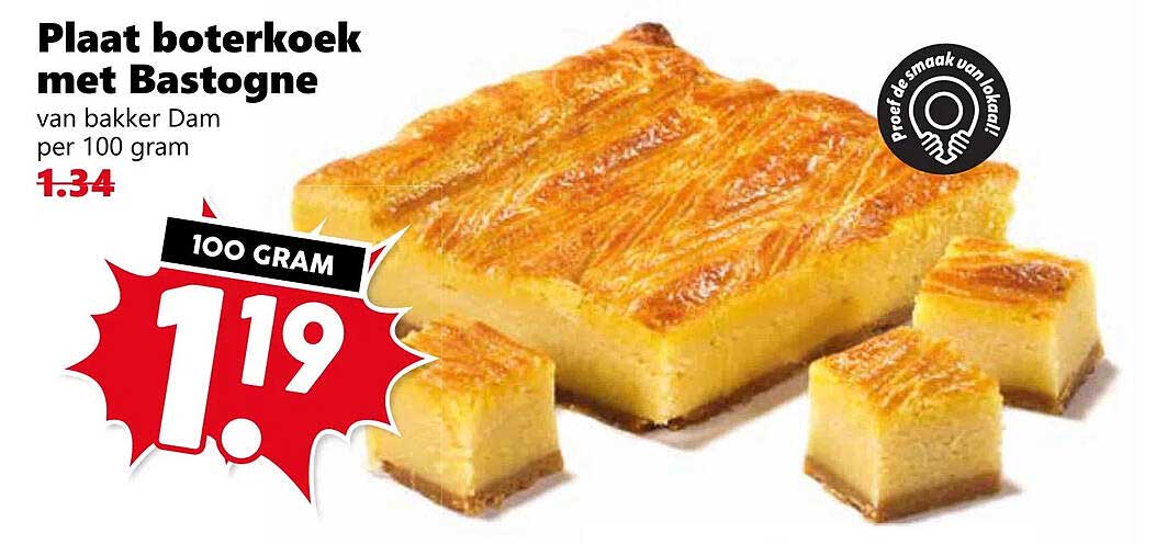 Plaat boterkoek met Bastogne van bakker Dam per 100 gram