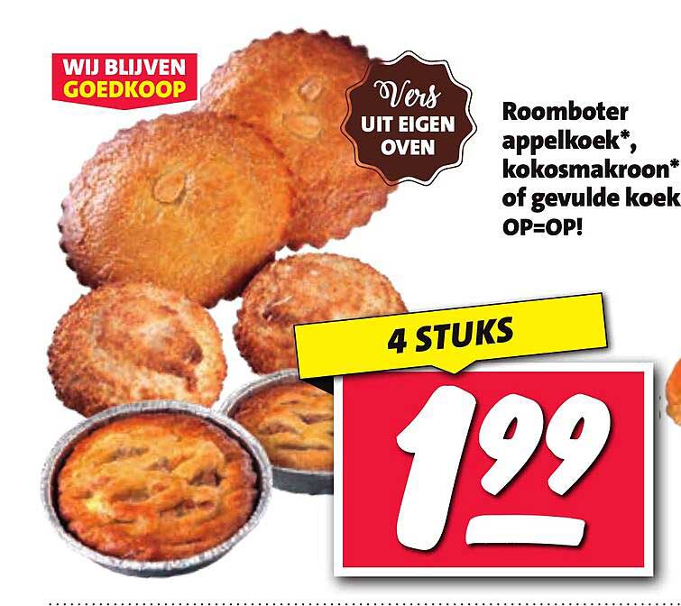 Roomboter appelkoek*, kokosmakroon* of gevulde koek OP=OP!