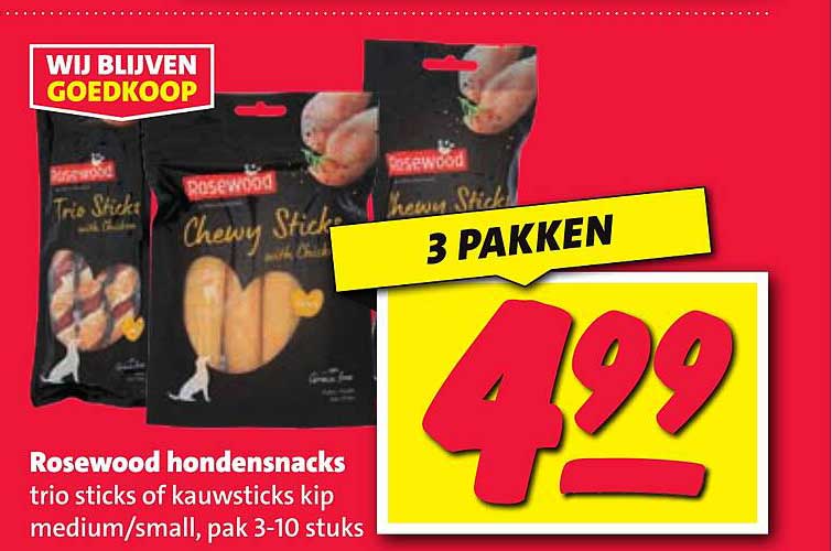 Rosewood hondensnacks trio sticks of kauwsticks kip medium/small, pak 3-10 stuks