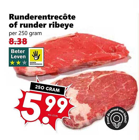 Runderentrecôte of rund ribeye per 250 gram