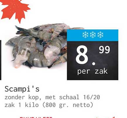 Scampi's zonder kop, met schaal 16/20 zak 1 kilo (800 gr. netto)