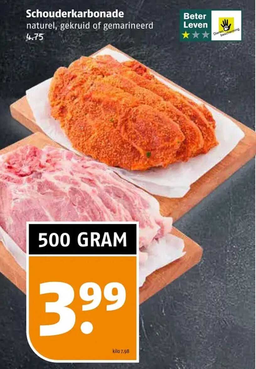 Schouderkarbonade natuur, gekruid of gemarineerd 500 gram