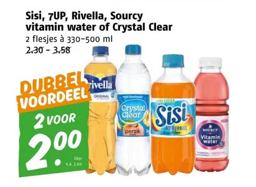 Sisi, 7UP, Rivella, Sourcy vitamin water of Crystal Clear 2 voor 2,00
