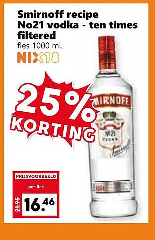 Smirnoff recipe No21 vodka - ten times filtered fles 1000 ml.