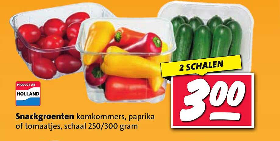Snackgroenten komkommers, paprika of tomaatjes, schaal 250/300 gram