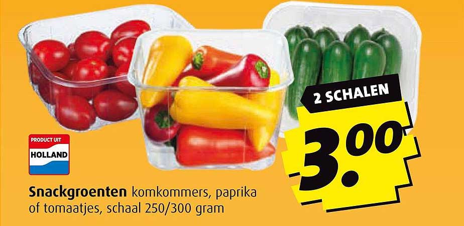 Snackgroenten komkommers, paprika of tomaatjes, schaal 250/300 gram