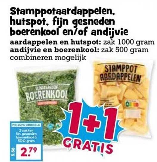 Stamppotaardappelen, hutspot, fijn gesneden boerenkool en/of andijvie