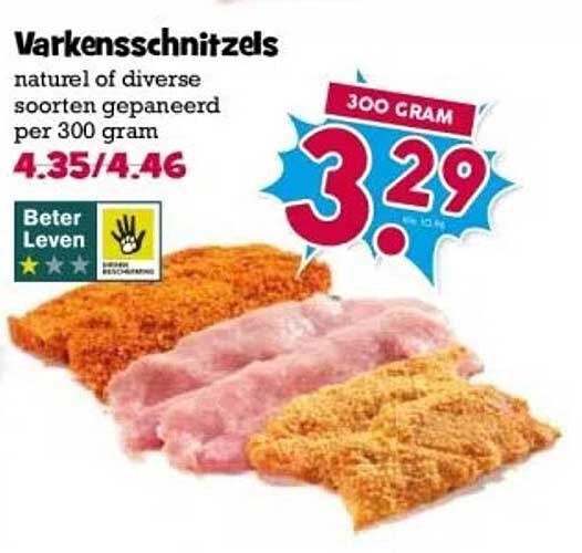 Varkensschnitzels natuur of diverse soorten gepaneerd per 300 gram