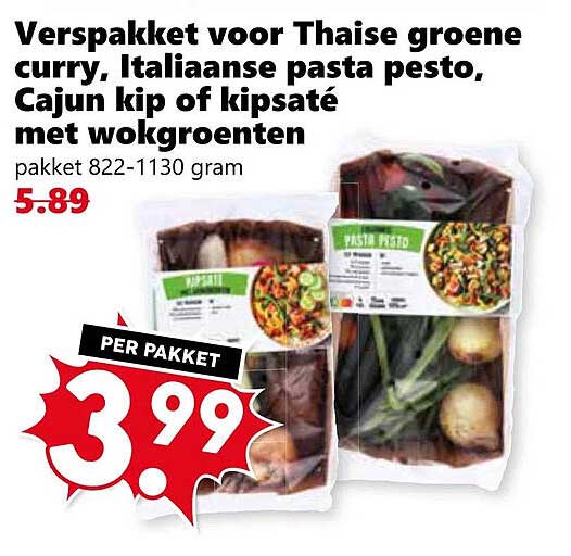 Verspakket voor Thaise groene curry, Italiaanse pasta pesto, Cajun kip of kipsaté met wokgroenten