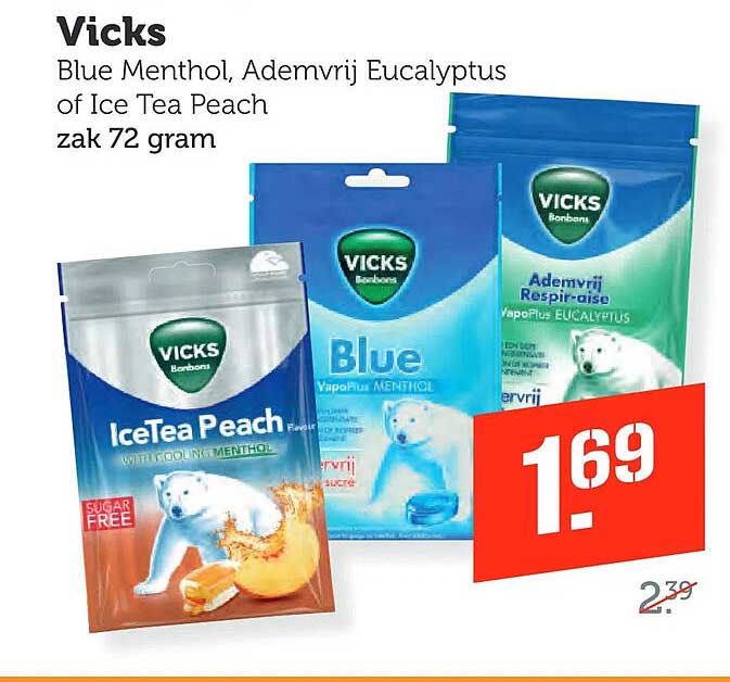 Vicks Blue Menthol, Ademvrij Eucalyptus of Ice Tea Peach 72 gram