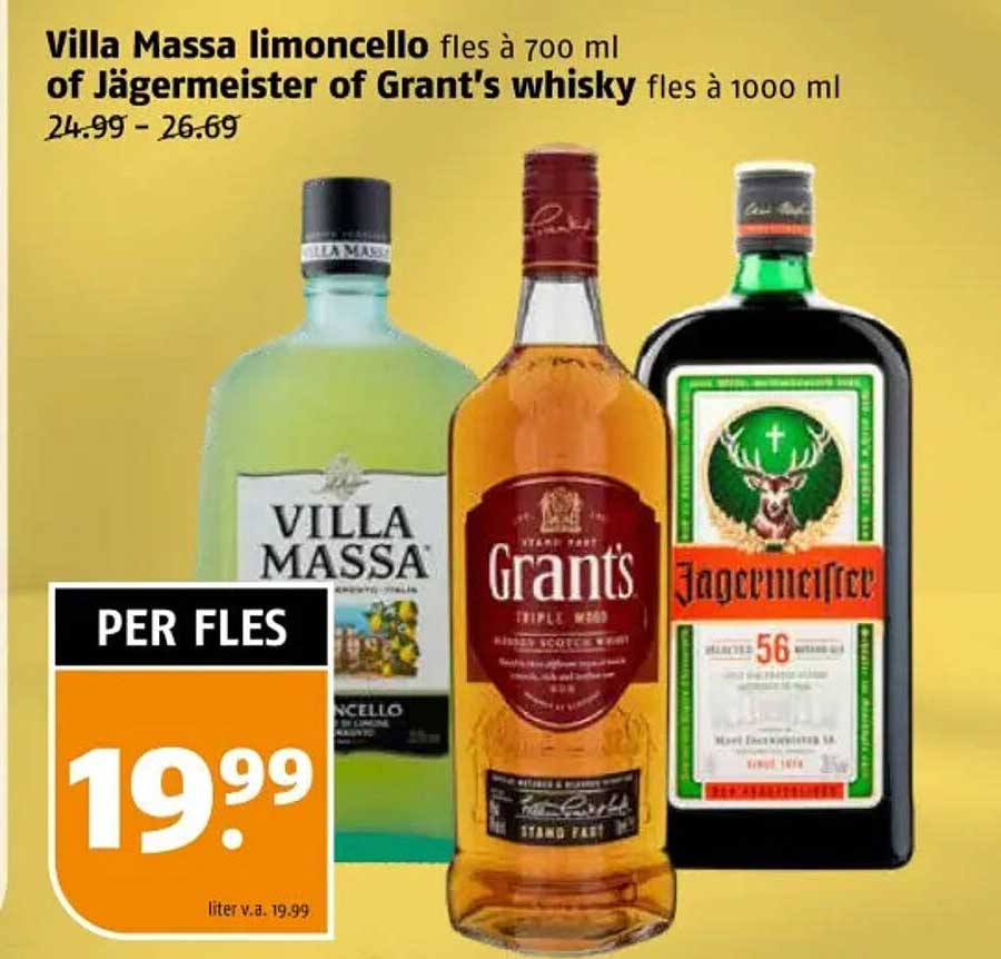 Villa Massa limoncello fles à 700 ml of Jägermeister of Grant's whisky fles à 1000 ml