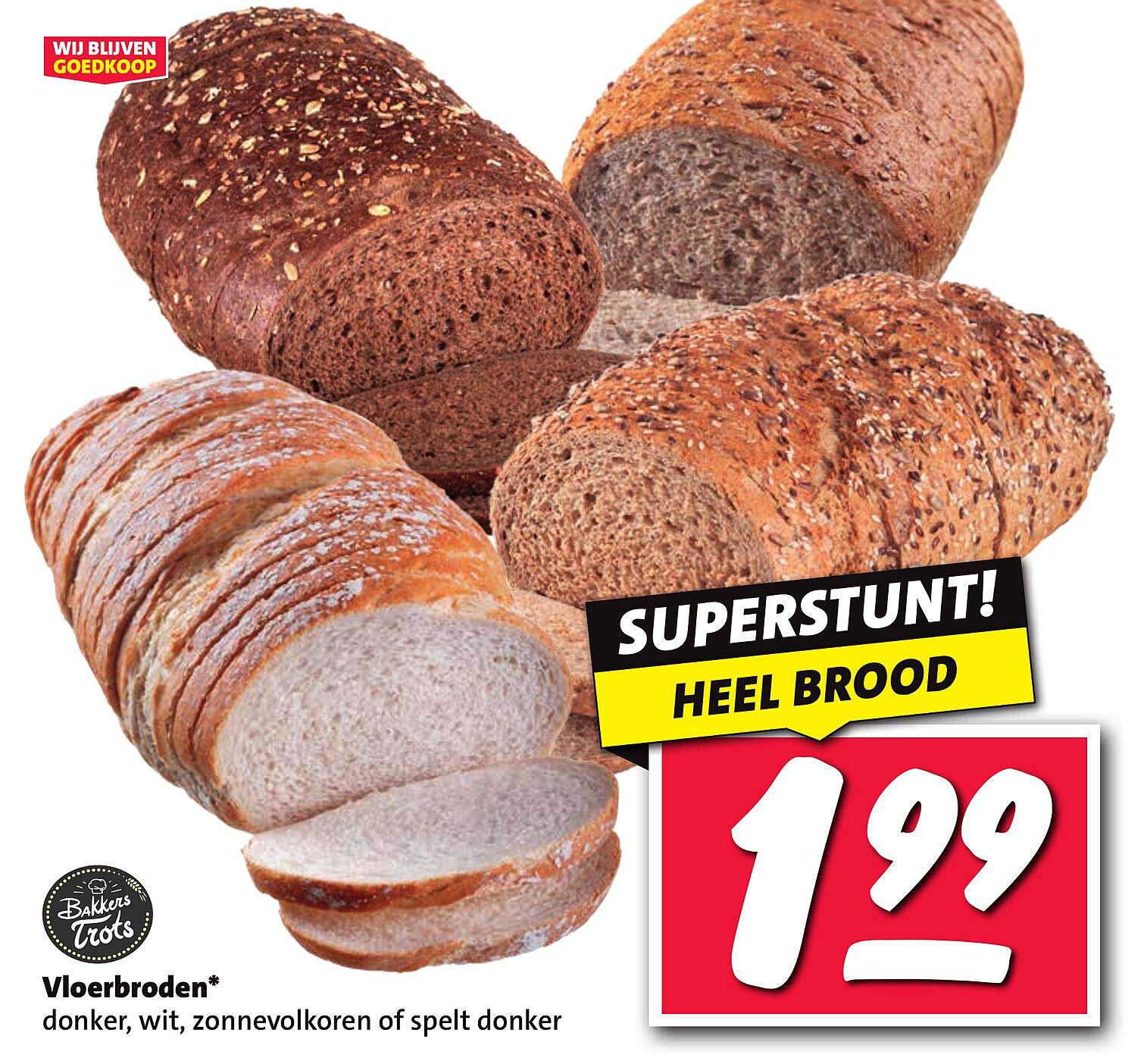 Vloerbroden* donker, wit, zonnevolkoren van spelt donker