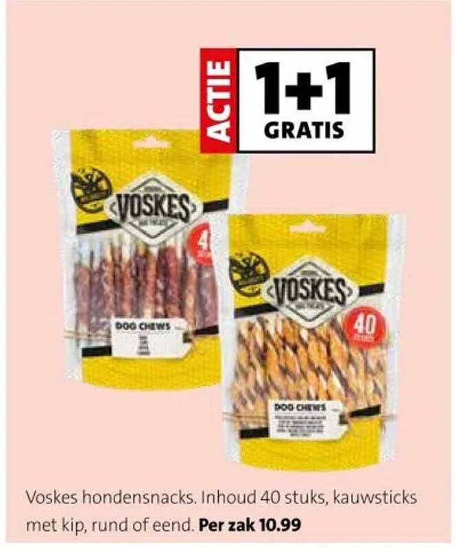 Voskes hondensnacks. Inhoud 40 stuks, kauwsticks met kip, rund of eend. Per zak 10.99