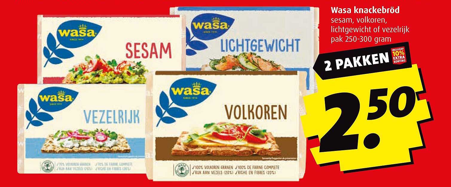 Wasa knäckebröd: sesam, volkoren, lichtgewicht of vezelrijk pak 250-300 gram