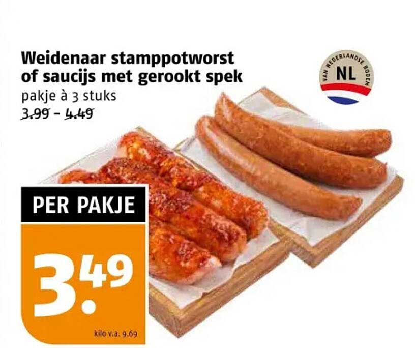 Weidenaar stamppotworst of saucijs met gerookt spek pakje à 3 stuks