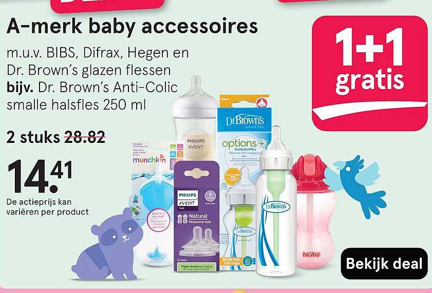 A-merk baby accessoires m.u.v. BIBS, Difrax, Hegen en Dr. Brown’s glazen flessen.