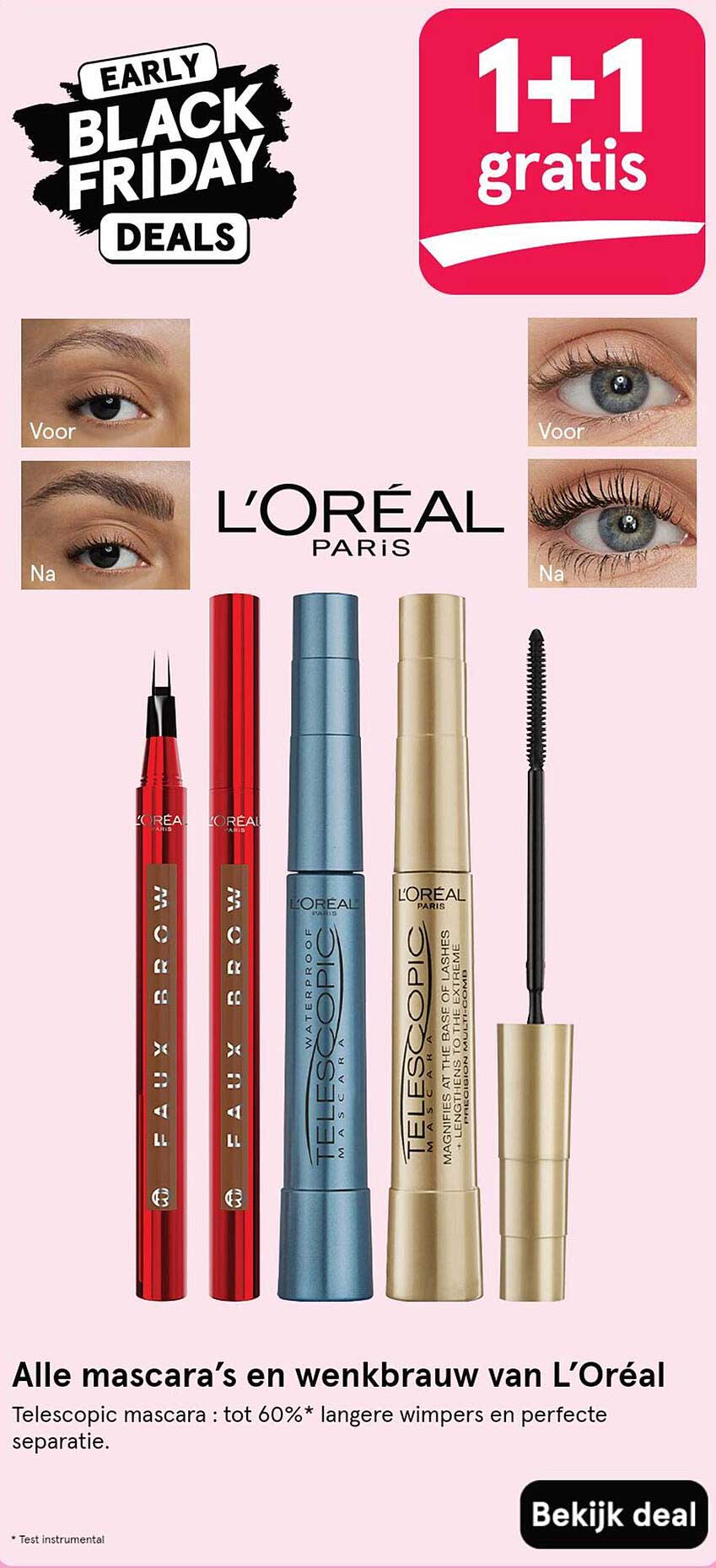 Alle mascara’s en wenkbrauw van L’Oréal 1+1 gratis