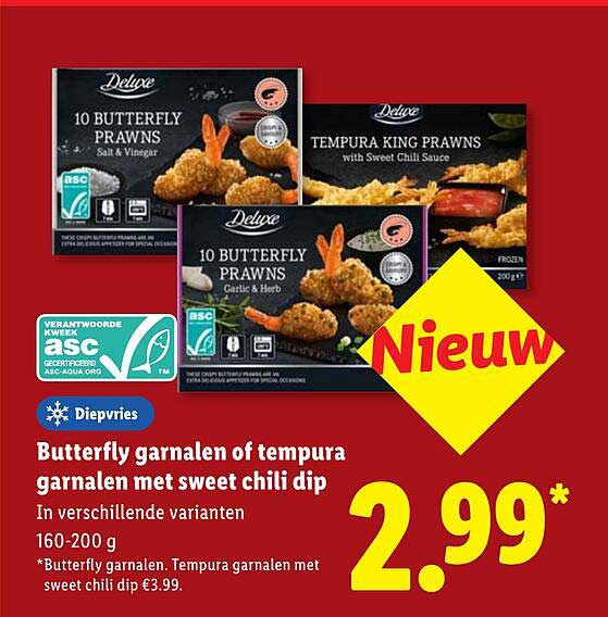 Butterfly garnalen of tempura garnalen met sweet chili dip